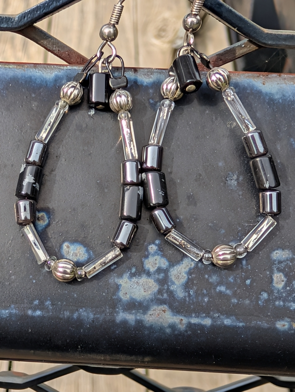Handmade Beaded Earings - Snowflake Obsidian, Hematite, and Silver Plated Beads